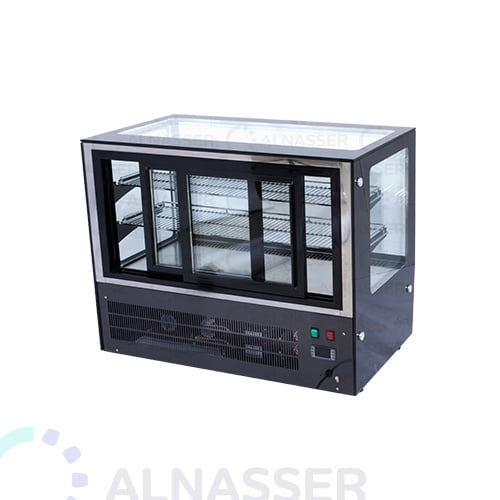 ثلاجة-عرض-حلويات-تيتانيوم-أسود-خلف-صيني-على-الطاولة-display-refrigerator-black-titanium-close-alnasser-factories